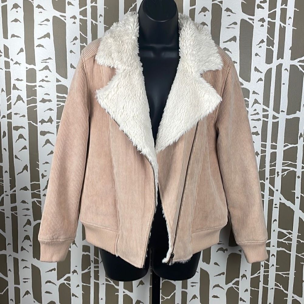 Minkpink Blush Corduroy Faux Fur Sherpa Lined Asymmetrical Zip Bomber Jacket XS